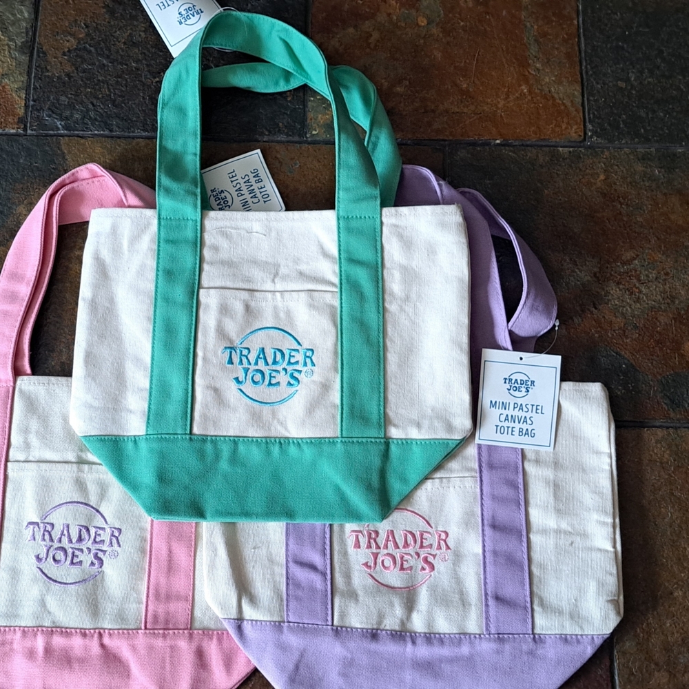 Set of 3 Trader Joe's Mini Pastel Canvas Tote - Green, Pink And Purple $20